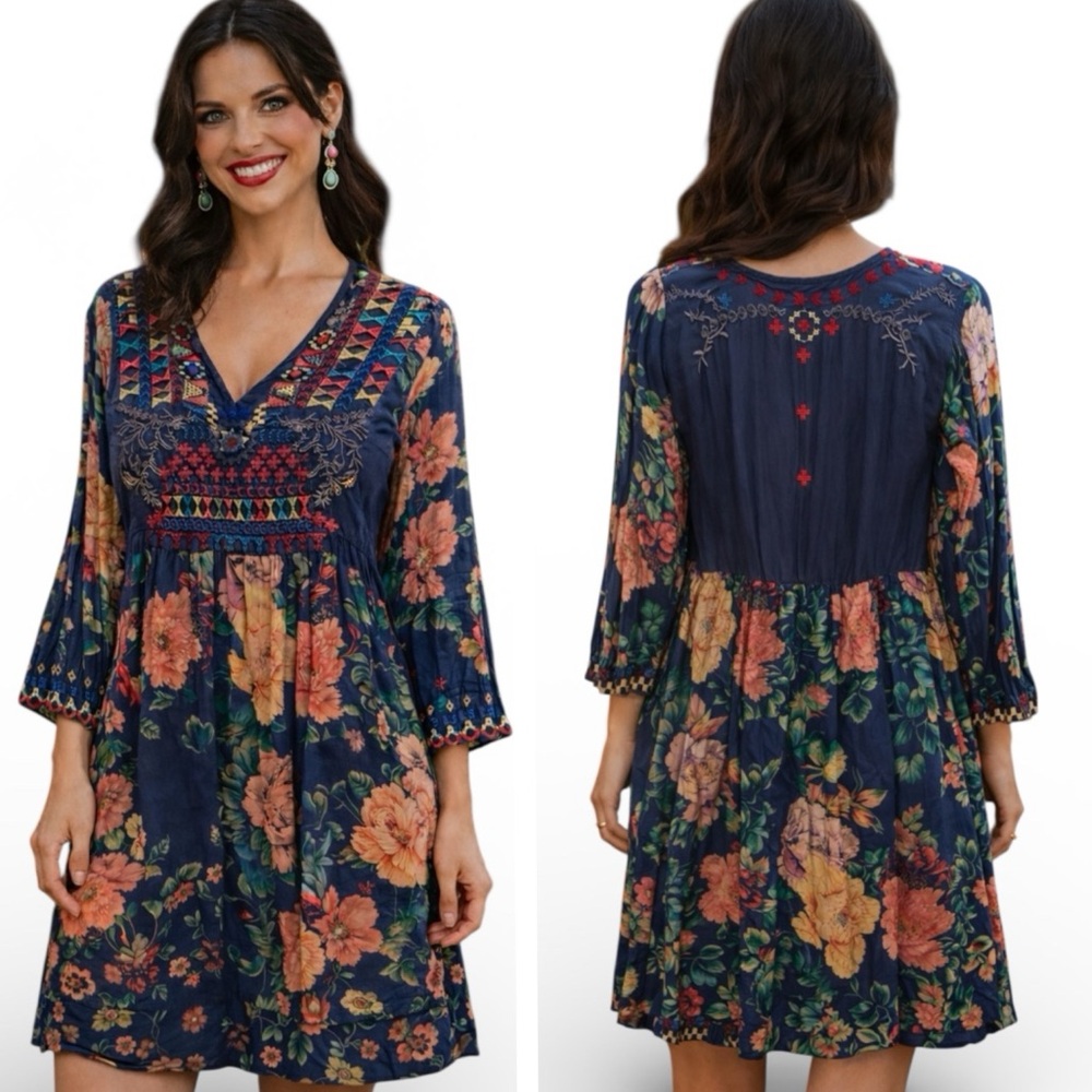 Johnny Was heavily embroidered Usha Aztec color block dress  NWT